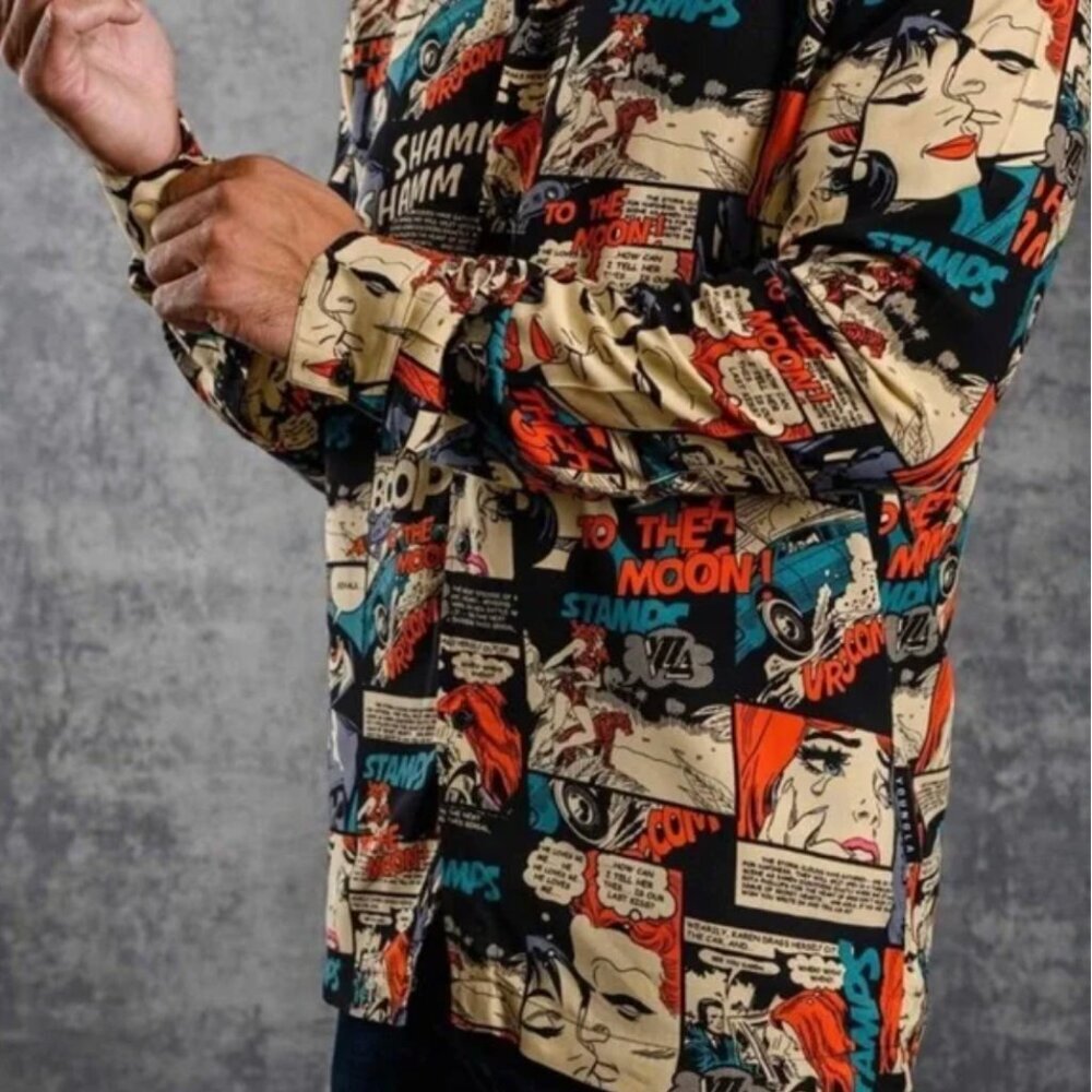 YoungLA Mens LS Button Down Comic Print Sz XL Lightweight Performance Gym NWT‎